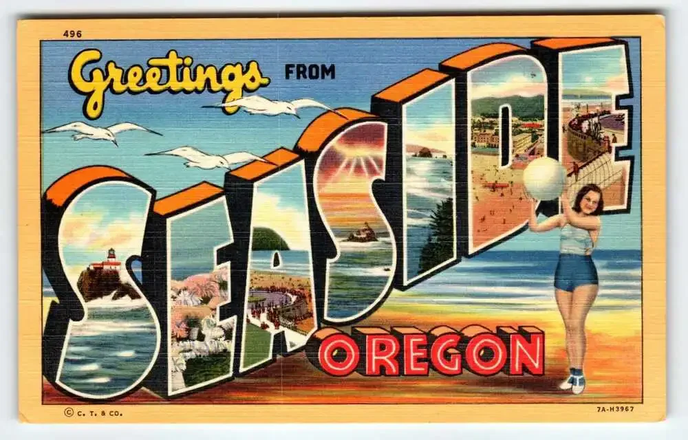 Greetings From Seaside Oregon 1940's Large Letter City Postcard Linen Curt Teich